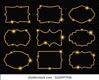 Figured frames. Set of curly golden shapes with flares for design. Decorative templates for wooden furniture, textile, forgings, engraving, for printing invitations and postcards. Vector illustration.