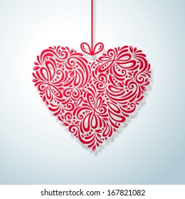 Figured heart. Happy Valentines day card with plenty space for your text message. Vector illustration. Doodles and curls.