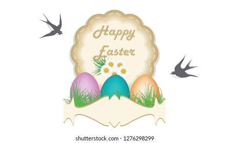 Figured icon, multi-colored eggs, grass, swallows - isolated on white background - vector. Happy easter.