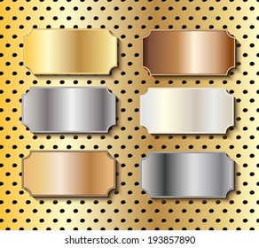 Figured metal door plaques in gold, silver, brass, copper, white gold and steel with copy space on tech background, vector illustration