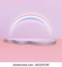 Figured podium with a glowing rainbow.Pedestal on a pink background. 
Mock up.Template for design.3D.Vector realistic illustration.   