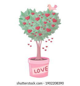 Figured tree in the shape of a heart. Topiary. Potted garden decoration. An element for Valentine's Day decor in pastel colors. Vector illustration drawn in cartoon style isolated on white background