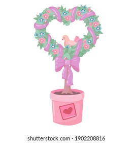 Figured tree in the shape of a heart. Topiary. Potted garden decoration. An element for Valentine's Day decor in pastel colors. Vector illustration drawn in cartoon style isolated on white background
