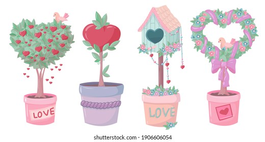 Figured tree in the shape of a heart. Topiary. Potted garden decoration. An element for Valentine's Day decor in pastel colors. Vector illustration drawn in cartoon style isolated on white background