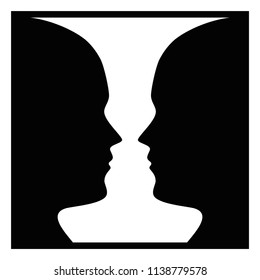 Figure-ground perception, face and vase. Figure-ground organization. Perceptual grouping. In Gestalt Psychology known as identifying a figure from background. Isolated illustration over white. Vector.