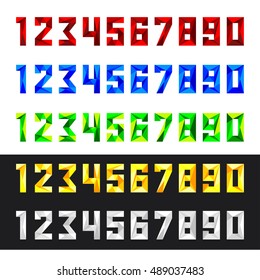 Figures 1, 2, 3, 4, 5, 6, 7, 8, 9, 0 in vector format. Set of numbers from 0 to 9 in polygonal style. Numeric set in five colours - red, blue, green, yellow, white