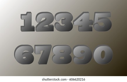 The figures are 1, 2, 3, 4, 5, 6, 7, 8, 9, 0. The volumetric numbers. In gray tones, mathematics. Vector illustration.