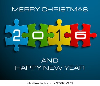 Figures 2016 on the colorful puzzles on a blue background. 