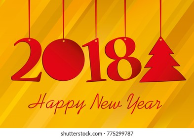 Figures 2018 and Christmas tree made of paper hanging on a red ribbon. New Year, winter theme. Vector. Greeting card on a wooden background