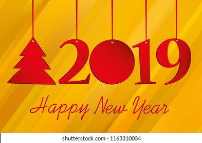 Figures 2019 and Christmas tree made of paper hanging on a red ribbon. New Year, winter theme. Vector. Greeting card on a wooden background