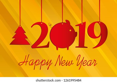 Figures 2019 and Christmas tree and pig made of paper hanging on a red ribbon. New Year, winter theme. Vector. Greeting card on yellow  background