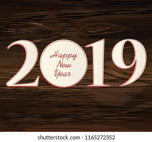 Figures 2019 of paper. New Year, Christmas, winter theme. Vector. Greeting card on a wooden background