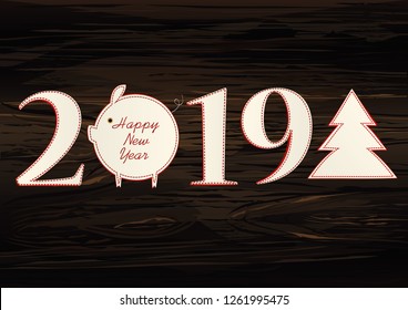 Figures 2019 with pig of paper. New Year, Christmas, winter theme. Vector. Greeting card on a wooden background
