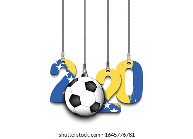 Figures 2020 in colors of the flag of the Bosnia and Herzegovina and soccer ball hanging on strings on an isolated background. Design pattern for banner, poster, flyer. Vector illustration