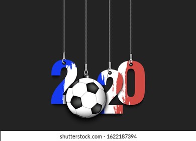 Figures 2020 in colors of the flag of the France and soccer ball hanging on strings on an isolated background. Design pattern for banner, poster, flyer, invitation. Vector illustration