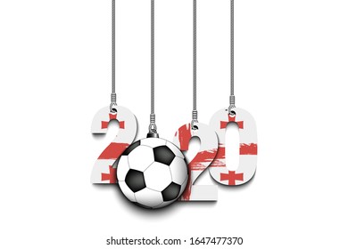 Figures 2020 in colors of the flag of the Georgia and soccer ball hanging on strings on an isolated background. Design pattern for banner, poster, flyer, invitation. Vector illustration