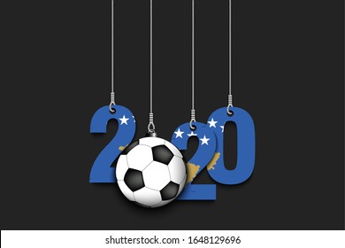 Figures 2020 in colors of the flag of the Kosovo and soccer ball hanging on strings on an isolated background. Design pattern for banner, poster, flyer, invitation. Vector illustration