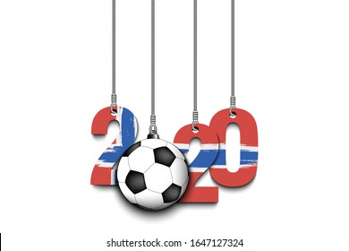 Figures 2020 in colors of the flag of the Norway and soccer ball hanging on strings on an isolated background. Design pattern for banner, poster, flyer, invitation. Vector illustration
