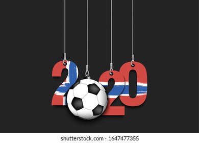 Figures 2020 in colors of the flag of the Norway and soccer ball hanging on strings on an isolated background. Design pattern for banner, poster, flyer, invitation. Vector illustration
