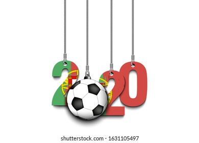 Figures 2020 in colors of the flag of the Portugal and soccer ball hanging on strings on an isolated background. Design pattern for banner, poster, flyer, invitation. Vector illustration