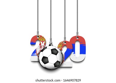 Figures 2020 in colors of the flag of the Serbia and soccer ball hanging on strings on an isolated background. Design pattern for banner, poster, flyer, invitation. Vector illustration