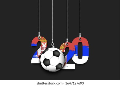 Figures 2020 in colors of the flag of the Serbia and soccer ball hanging on strings on an isolated background. Design pattern for banner, poster, flyer, invitation. Vector illustration