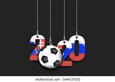 Figures 2020 in colors of the flag of the Slovakia and soccer ball hanging on strings on an isolated background. Design pattern for banner, poster, flyer, invitation. Vector illustration