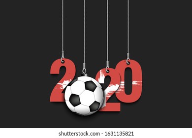 Figures 2020 in colors of the flag of the Switzerland and soccer ball hanging on strings on an isolated background. Design pattern for banner, poster, flyer, invitation. Vector illustration