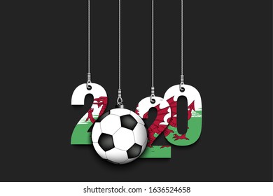 Figures 2020 in colors of the flag of the Wales and soccer ball hanging on strings on an isolated background. Design pattern for banner, poster, flyer, invitation. Vector illustration