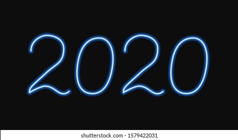 Figures 2020 realistic blue neon sign on black background. New Year and Holidays vector illustration. Easy to edit template for banner, poster, sign, greeting card, etc. 