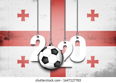 Figures 2020 and soccer ball hanging on strings against the background of the flag of Georgia. Design pattern for banner, poster, flyer. Vector illustration
