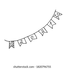 Figures 2021 on holiday flags. Symbol of the new 2021. Black lines on a white background. Hand drawing. Vector.