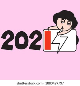 Figures 2021 With Tired Girl Leaning On, Low Battery Sign Instead Of The Number 1. Happy New Year 2021Concept Card Character illustration