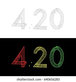 Figures 4:20 text. Vector illustration. Legalized marijuana. On white background gray. On a black background, a rasta color is red yellow and green. Drawing by hand.
