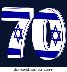 Figures 70 in 3D are wrapped in the flag of Israel. Celebrating the Independence Day of Israel, 70 years of the country. Figures on a blue background.