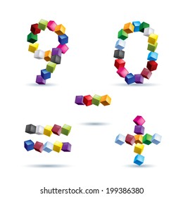 Figures 9 and 0, equal, plus and minus signs made of colored blocks.