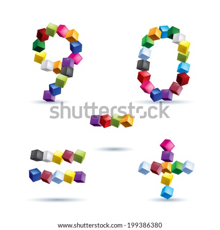 Figures 9 and 0, equal, plus and minus signs made of colored blocks.