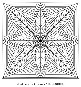 Figuren und abstrakte Linien, die eine von Hand gezeichnete Mandala bilden, auf weißem Hintergrund für Färbung, Vektorgrafik, Mandala