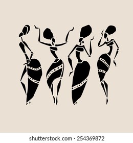 Figures of african dancers. Beautiful women. Dancing woman in ethnic style. Vector  Illustration.