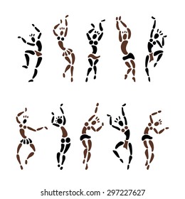 Figures of African dancers. People silhouette set. Primitive art. Vector Illustration.