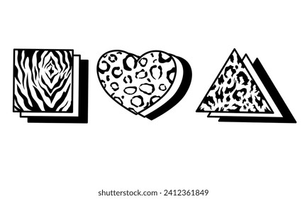 Figures with animal print. Seamless Pink Leopard Pattern in heat. Zebra skin texture in square. Leopard skin texture in triangle.	
