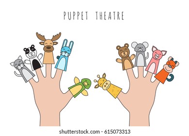 Figures of animals, heroes of the puppet theatre which put in the fingers of the hand. Vector illustration of characters to play with the children in role-playing games.