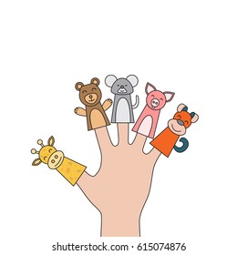 Figures of animals, heroes of the puppet theatre which put in the fingers of the hand. Vector illustration of characters to play with the children in role-playing games.