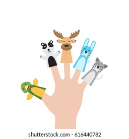 Figures of animals, heroes of the puppet theatre which put in the fingers of the hand. Vector illustration of characters to play with the children in role-playing games.