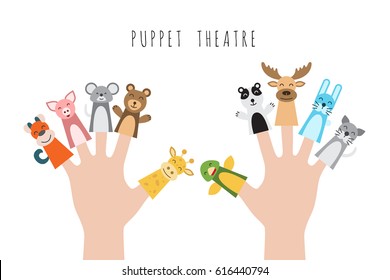 Figures of animals, heroes of the puppet theatre which put in the fingers of the hand. Vector illustration of characters to play with the children in role-playing games.