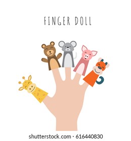 Figures of animals, heroes of the puppet theatre which put in the fingers of the hand. Vector illustration of characters to play with the children in role-playing games.