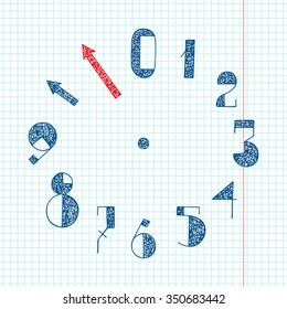 Figures and arrows for clock face. Numbers - hand drawn doodle set