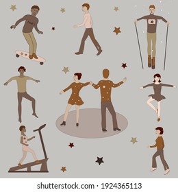 Figures of athletes and dancers in brown shades.  Separate images in the background.  Vector.