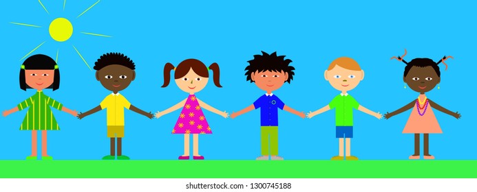 Figures of children holding hands. Vector image