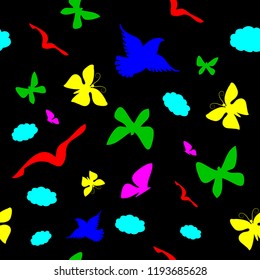 figures, colored silhouettes, black background, nature, wrapper, wallpaper, seamless pattern, vector image, eps10